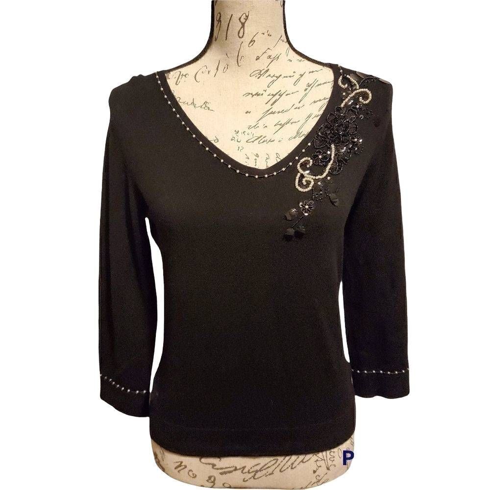 EMMA & James Petite by Liz Claiborne Ladies Black Knit Top with Beaded Details